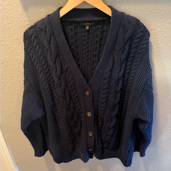 Quince Sweaters - Quince Organic Cotton Cable Knit Cardigan Navy Oversized S Chunky Sweater